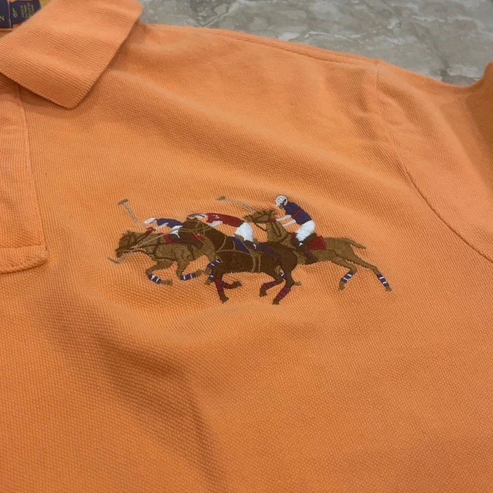 Polo Ralph Lauren Mens Large Orange Classic Fit Multi Horse Polo Shirt Navy 3